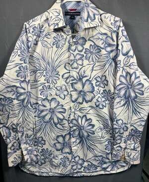 Tommy Hilfiger Men's LS Button-Up Shirt in White and Blue Floral Print Resort